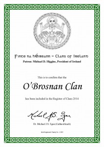 O'Brosnan Clan Certificate of Membership of the Register of Clans